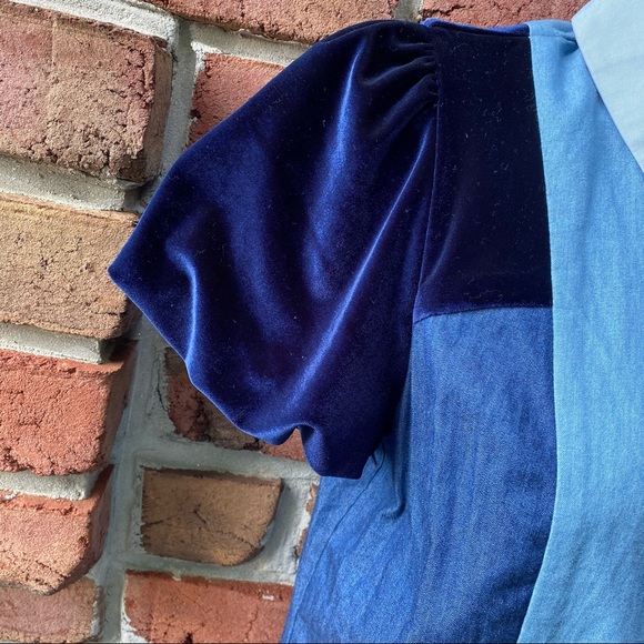 Blue Color Block Velvet & Chambray Button Shirt S - Picture 7 of 8
